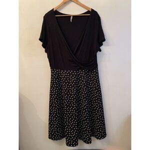 Gilli Womens Faux Wrap Dress 3X Polka Dot Printed Black Empire Waist Stretch